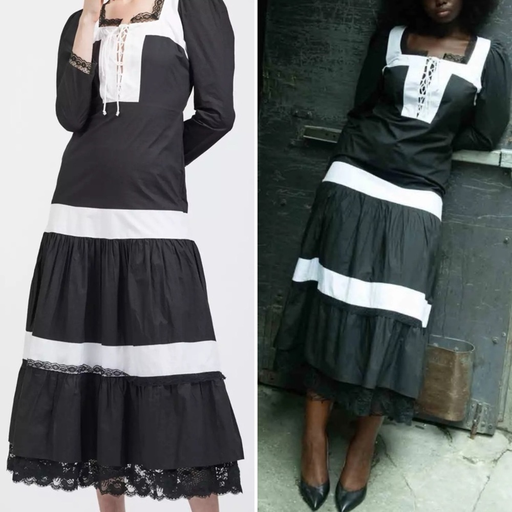 Batsheva Dawn Maxi Dress Black White Lace-Up Cotton Prairie Dress NWT Sz 4 Goth